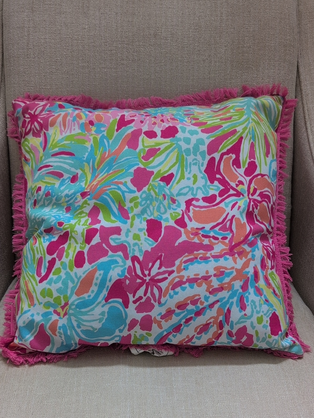 Lilly Pulitzer Colorful Pink Tropical Fringe Decorative Pillow Indoor Outdoor